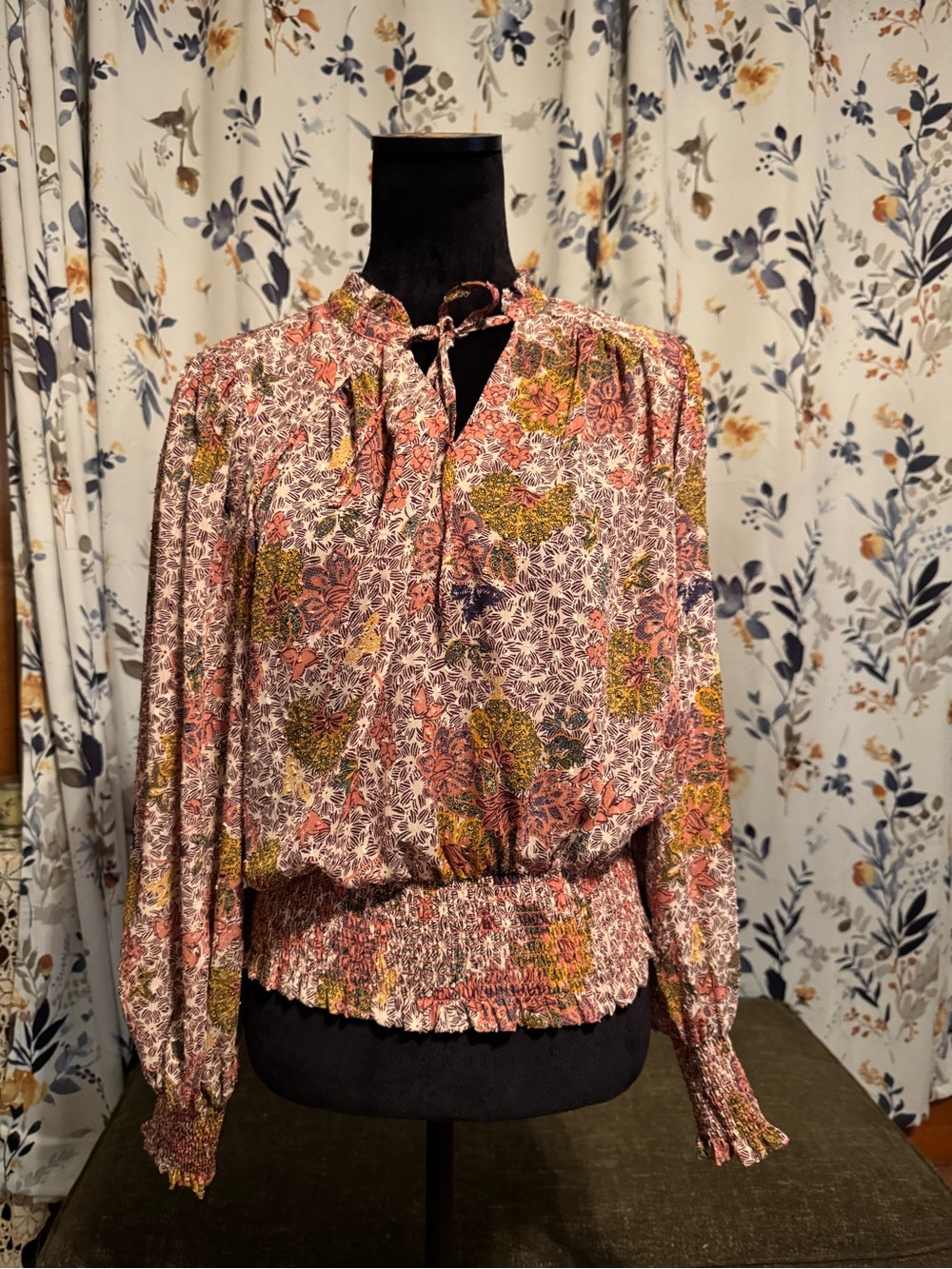 Rachel Zoe Brown Coral Multi Floral Tie-Neck Smocked Blouse